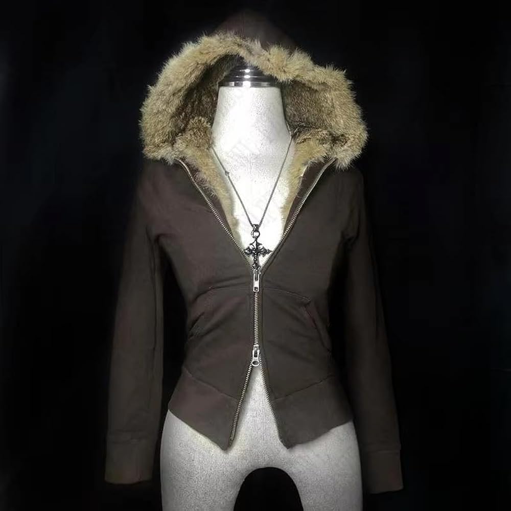 Y2K✩fairy grunge fur down jacket✩ OANTGM Crop Winter Coats Teen Y2k Zip Up Hoodie Fur Jackets